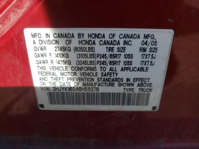 2HJYK16546H511376 - 2006 HONDA RIDGELINE RTL BURGUNDY photo 12