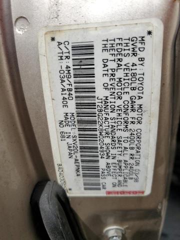 JT2BG22K8W0204934 - 1998 TOYOTA CAMRY CE TAN photo 12