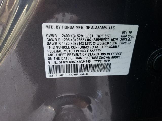 5FNYF8H52KB024840 - 2019 HONDA PASSPORT EXL GRAY photo 13