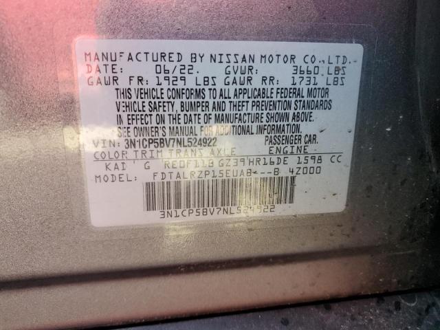 3N1CP5BV7NL524922 - 2022 NISSAN KICKS S GRAY photo 13