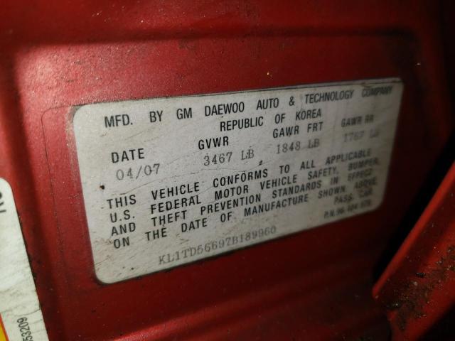 KL1TD56697B189960 - 2007 CHEVROLET AVEO BASE RED photo 12