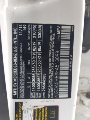 4JGDA5HB9FA513098 - 2015 MERCEDES-BENZ ML 350 4MATIC WHITE photo 13