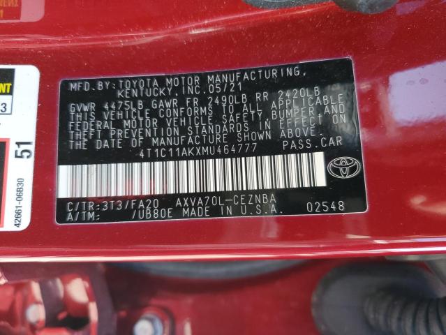 4T1C11AKXMU464777 - 2021 TOYOTA CAMRY LE RED photo 12