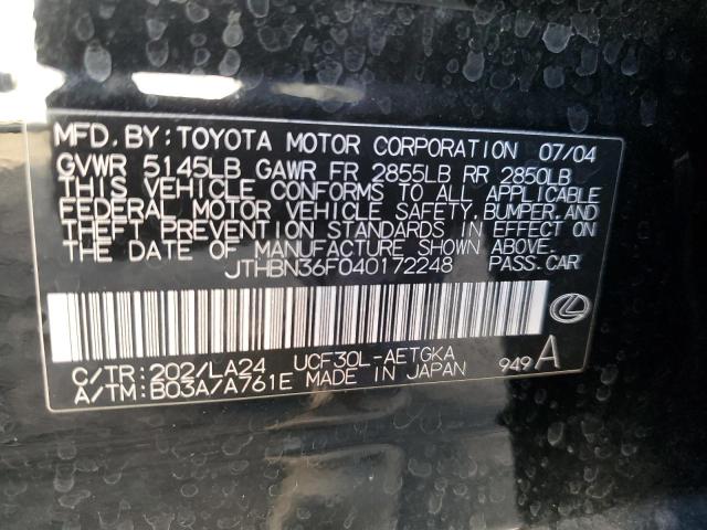 JTHBN36F040172248 - 2004 LEXUS LS 430 BLACK photo 12