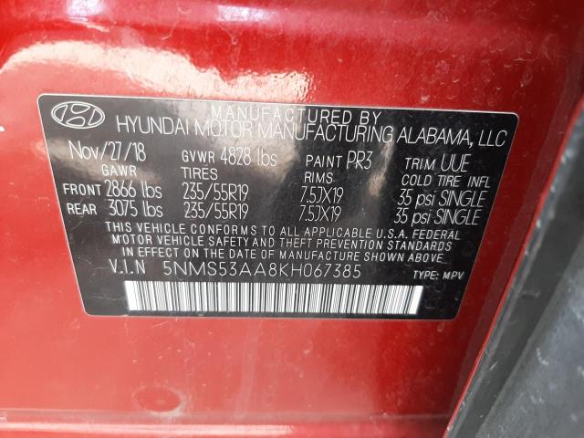 5NMS53AA8KH067385 - 2019 HYUNDAI SANTA FE LIMITED RED photo 13