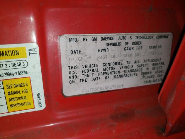 KL1TD56688B270403 - 2008 CHEVROLET AVEO BASE RED photo 12