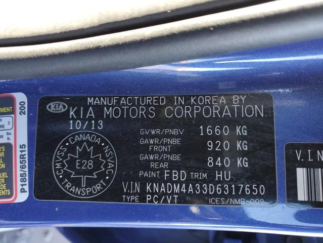 KNADM4A33D6317650 - 2013 KIA RIO LX BLUE photo 12