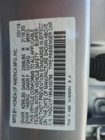 1HGCV1F18KA100768 - 2019 HONDA ACCORD LX SILVER photo 12