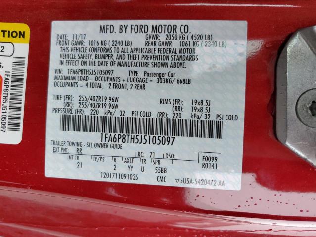 1FA6P8TH5J5105097 - 2018 FORD MUSTANG RED photo 13