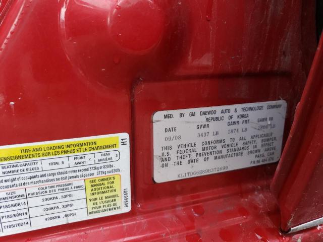 KL1TD66E89B372699 - 2009 CHEVROLET AVEO LS 红色 照片 12