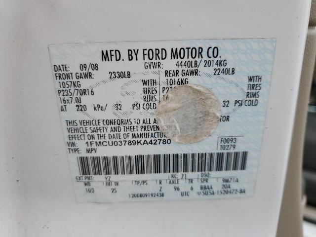 1FMCU03789KA42780 - 2009 FORD ESCAPE XLT WHITE photo 12