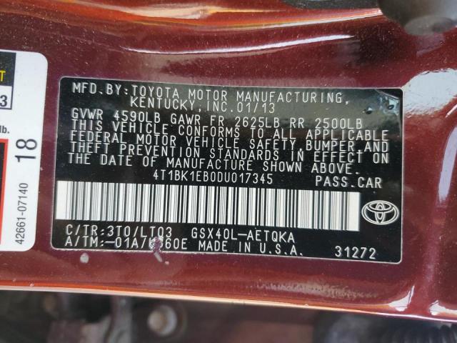4T1BK1EB0DU017345 - 2013 TOYOTA AVALON BASE 勃艮第红 照片 12