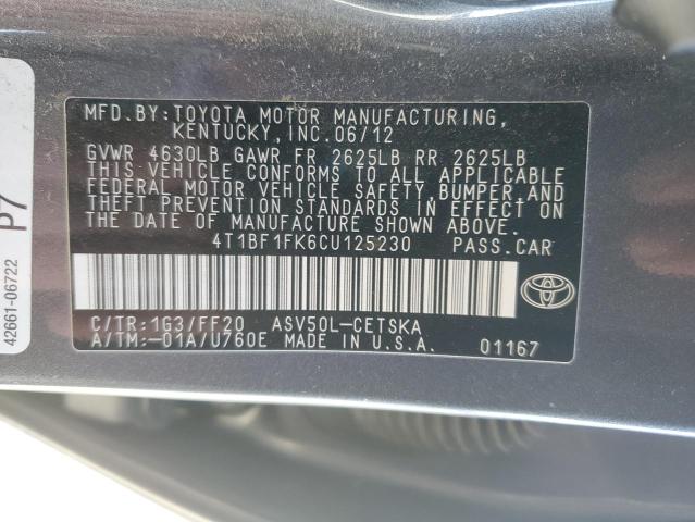 4T1BF1FK6CU125230 - 2012 TOYOTA CAMRY BASE GRAY photo 12