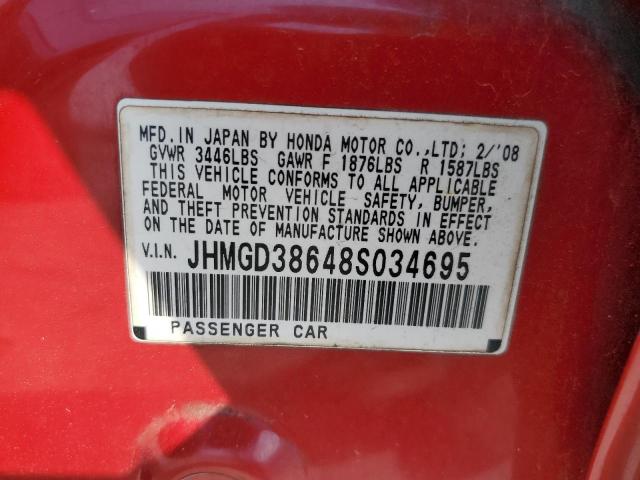 JHMGD38648S034695 - 2008 HONDA FIT SPORT RED photo 12