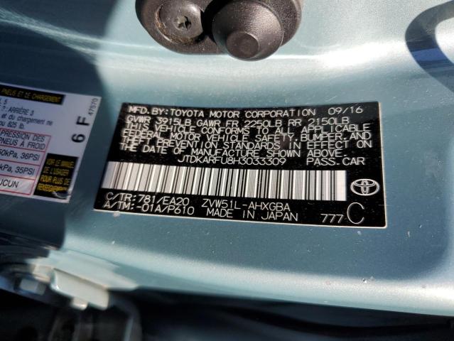 JTDKARFU8H3033309 - 2017 TOYOTA PRIUS TEAL photo 12