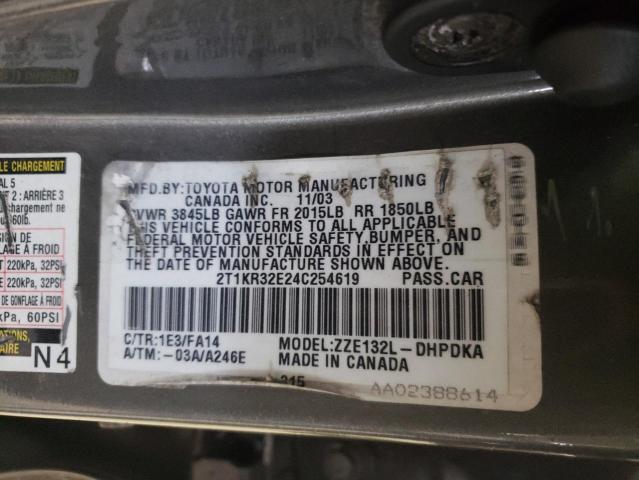 2T1KR32E24C254619 - 2004 TOYOTA COROLLA MA XR SILVER photo 12