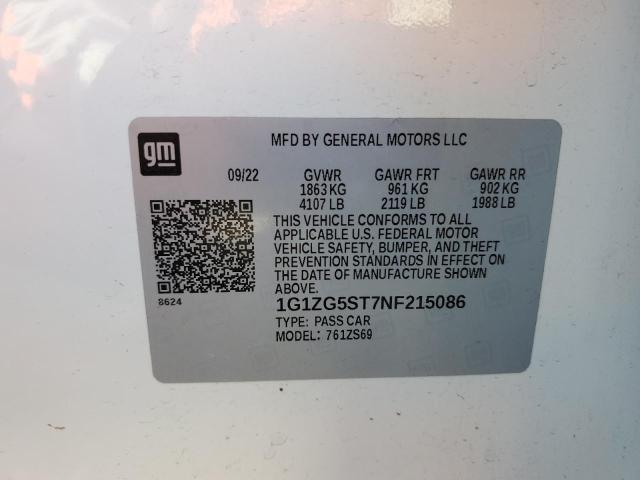 1G1ZG5ST7NF215086 - 2022 CHEVROLET MALIBU RS WHITE photo 12