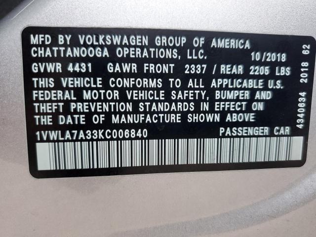 1VWLA7A33KC006840 - 2019 VOLKSWAGEN PASSAT WOLFSBURG SILVER photo 12