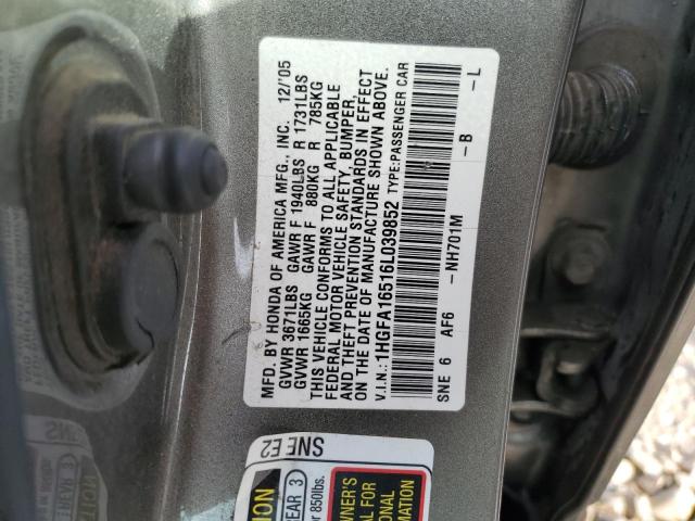 1HGFA16516L039852 - 2006 HONDA CIVIC LX GRAY photo 12