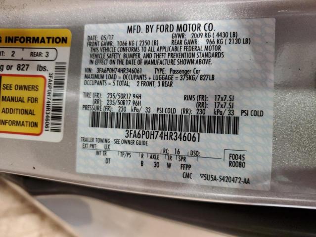 3FA6P0H74HR346061 - 2017 FORD FUSION SE SILVER photo 12