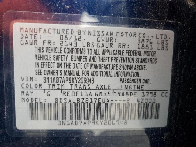 3N1AB7AP9KY206948 - 2019 NISSAN SENTRA S BLUE photo 12