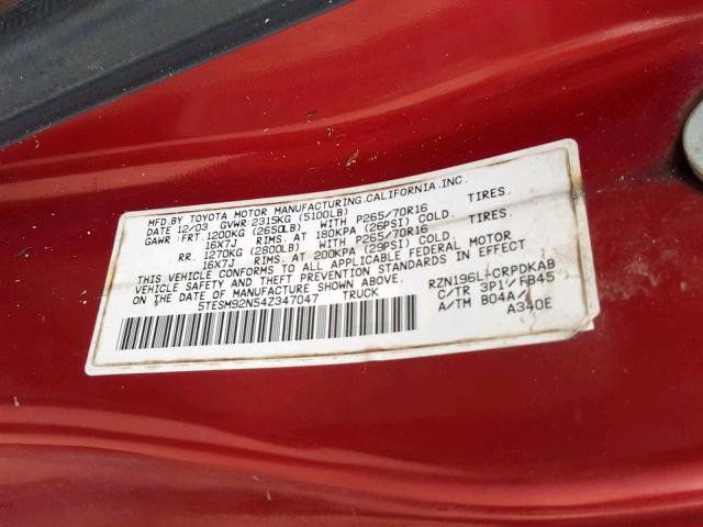 5TESM92N54Z347047 - 2004 TOYOTA TACOMA XTRACAB PRERUNNER 红色 照片 10