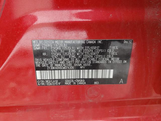 2T3DK4DV6CW074306 - 2012 TOYOTA RAV4 LIMITED RED photo 13