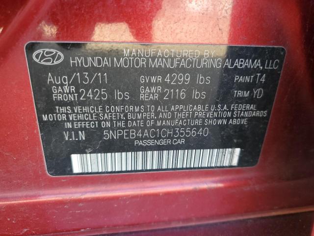 5NPEB4AC1CH355640 - 2012 HYUNDAI SONATA GLS MAROON photo 12