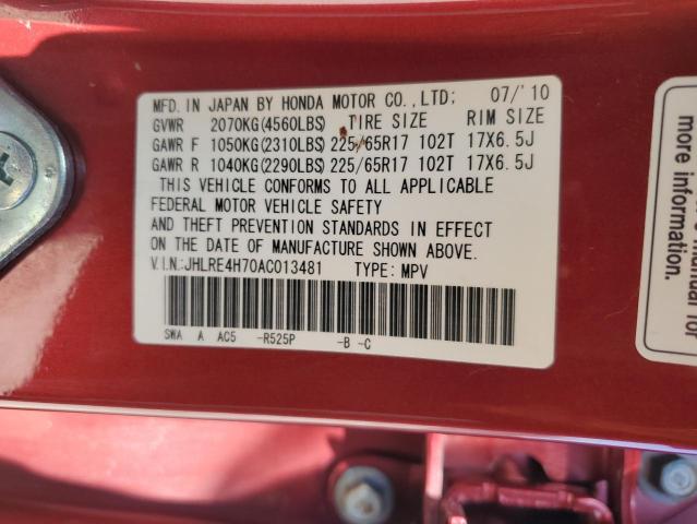 JHLRE4H70AC013481 - 2010 HONDA CR-V EXL RED photo 14