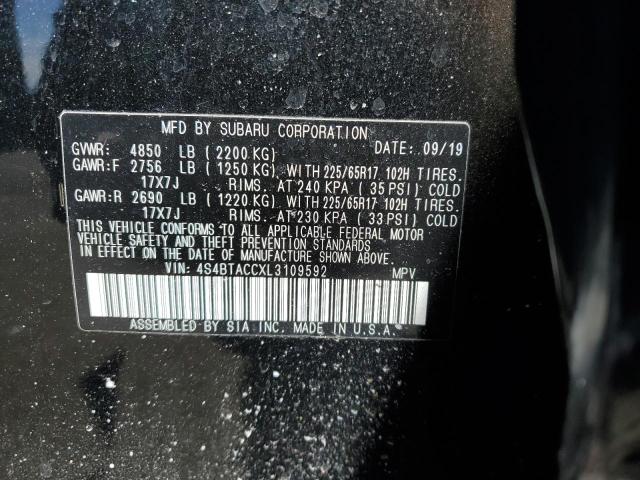 4S4BTACCXL3109592 - 2020 SUBARU OUTBACK PREMIUM BLACK photo 12