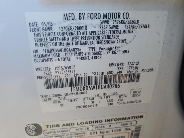 1FMDK05W18GA40286 - 2008 FORD TAURUS X SEL WHITE photo 12