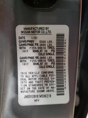 JN8DR09Y81W596218 - 2001 NISSAN PATHFINDER LE ვერცხლისფერი ფოტო 12