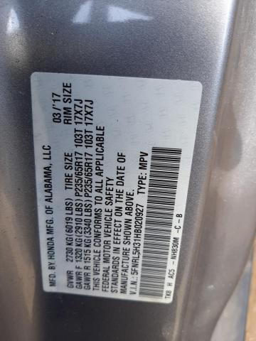 5FNRL5H31HB020927 - 2017 HONDA ODYSSEY SE SILVER photo 13