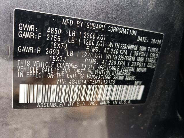 4S4BTAPC5M3119152 - 2021 SUBARU OUTBACK TOURING GRAY photo 12