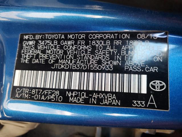 JTDKDTB37D1550933 - 2013 TOYOTA PRIUS C BLUE photo 13