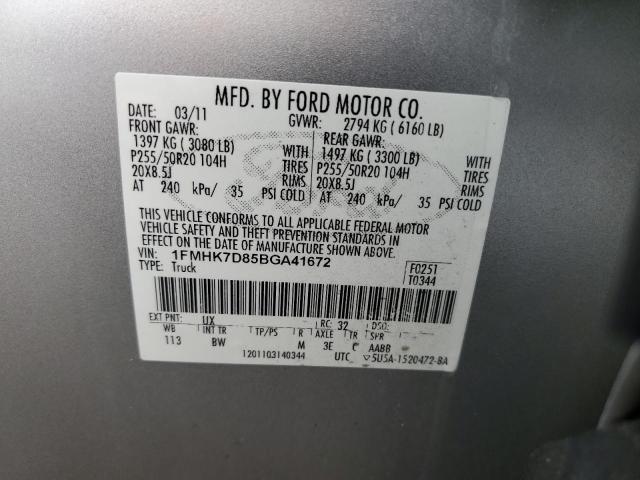 1FMHK7D85BGA41672 - 2011 FORD EXPLORER XLT SILVER photo 12