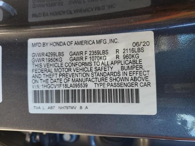 1HGCV1F18LA095539 - 2020 HONDA ACCORD LX GRAY photo 12