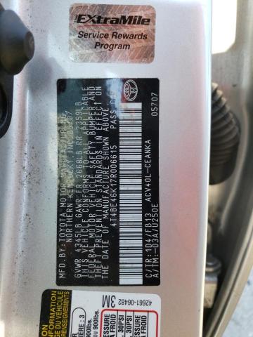 4T4BE46K17R006615 - 2007 TOYOTA CAMRY CE SILVER photo 12