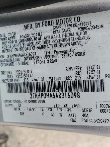 3FAHP0HA6AR316098 - 2010 FORD FUSION SE SILVER photo 12