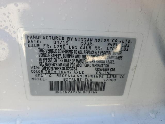 3N1CN7APXGL823764 - 2016 NISSAN VERSA S WHITE photo 13