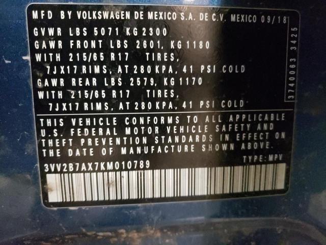 3VV2B7AX7KM010789 - 2019 VOLKSWAGEN TIGUAN SE BLUE photo 12