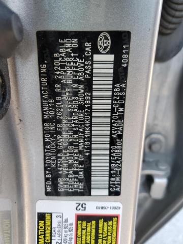 4T1B11HK4KU171892 - 2019 TOYOTA CAMRY L SILVER photo 13