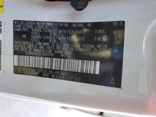 5TDYK3DC6FS669785 - 2015 TOYOTA SIENNA XLE WHITE photo 14