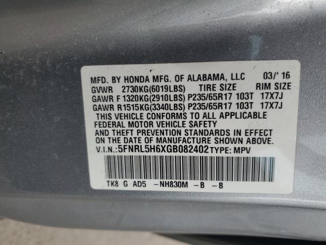 5FNRL5H6XGB082402 - 2016 HONDA ODYSSEY EXL SILVER photo 13