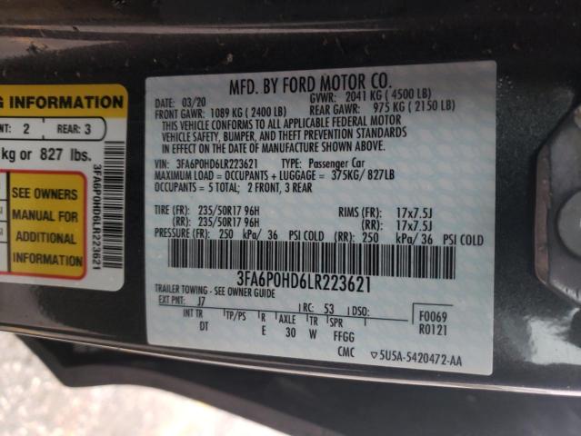 3FA6P0HD6LR223621 - 2020 FORD FUSION SE GRAY photo 12