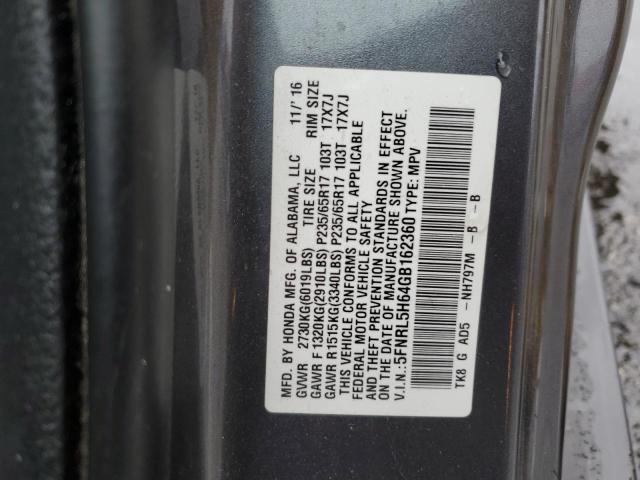 5FNRL5H64GB162360 - 2016 HONDA ODYSSEY EXL GRAY photo 13