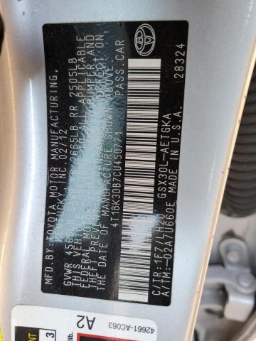 4T1BK3DB7CU450771 - 2012 TOYOTA AVALON BASE 银色 照片 12