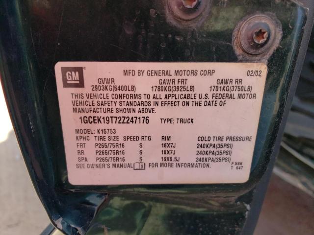 1GCEK19T72Z247176 - 2002 CHEVROLET SILVERADO GREEN photo 12