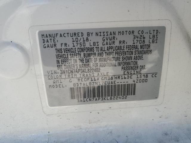 3N1CN7AP3KL822402 - 2019 NISSAN VERSA S WHITE photo 12