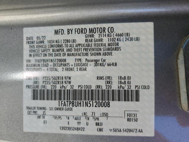 1FATP8UH1N5120008 - 2022 FORD MUSTANG SILVER photo 12